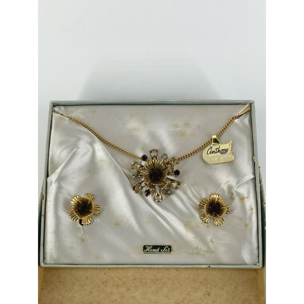 Vintage Anthony Original Rhinestone Earrings Necklace Costume Jewelry Set 1950s 42$